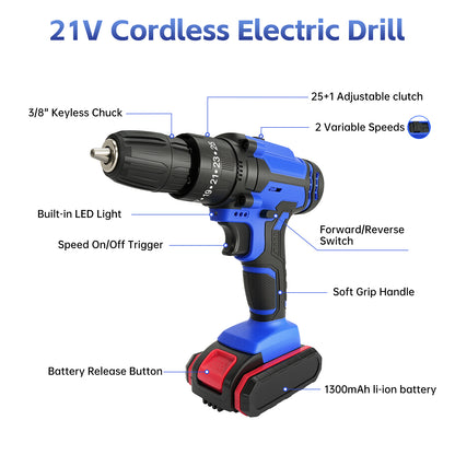 Vipsafe 21V Cordless Drill Kit, 2 Batteries, 25+1 Torque, LED, Variable Speed, 29 Tools, for Wood, Metal, Home DIY Projects