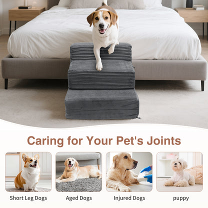 Vipsafe 3-Step Dog Stairs Pet Ramp Stairs for Small Dogs and Cats High Bed Couch Sofa Clambing, Non-Slip Bottom & Washable Cover,Gray