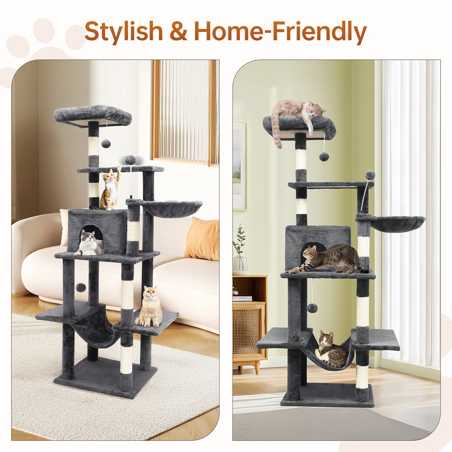 Vipsafe 63.8-Inch Cat Tree with 6 Tiers, Sisal Scratching Posts, Toys, and Cozy Bed for Indoor Cats