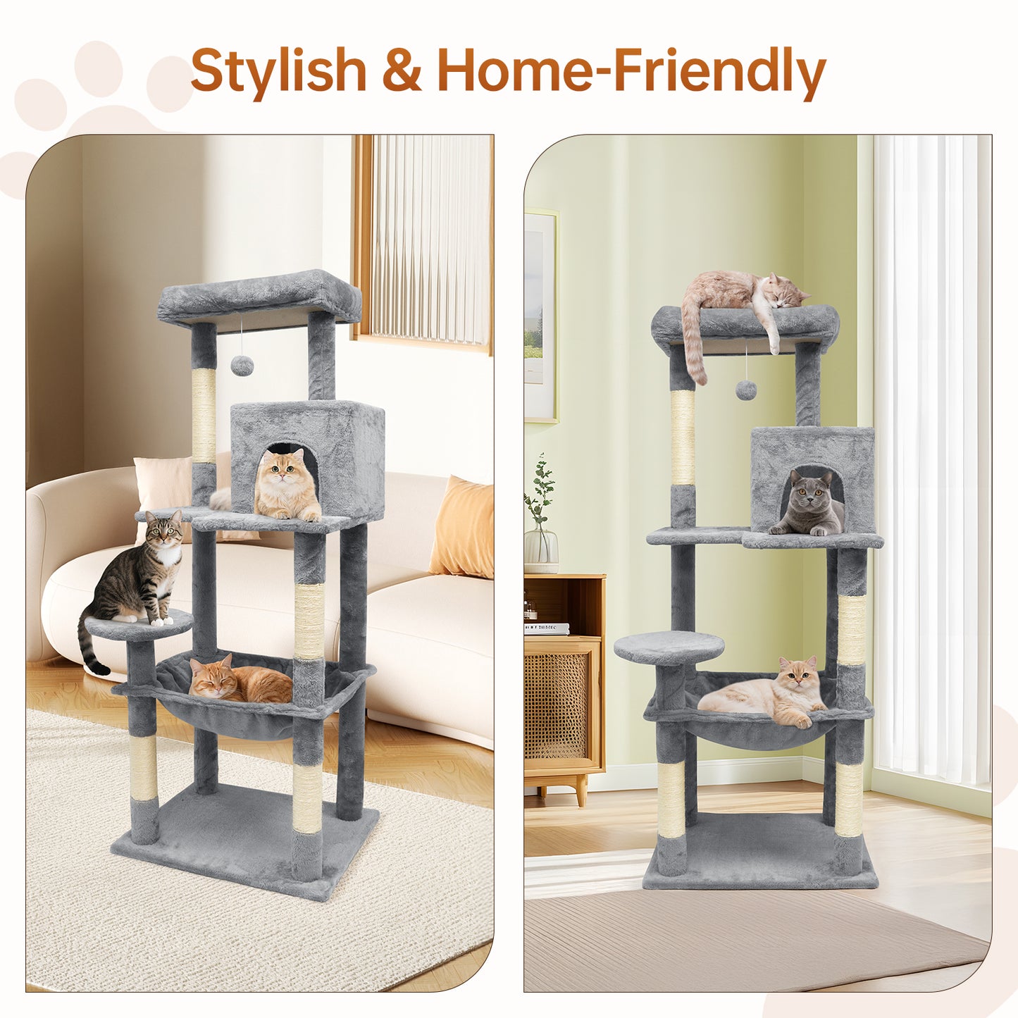 Vipsafe 56-Inch Cat Tree with 4 Tiers, Sisal Scratching Posts, Toys, and Cozy Bed for Indoor Cats