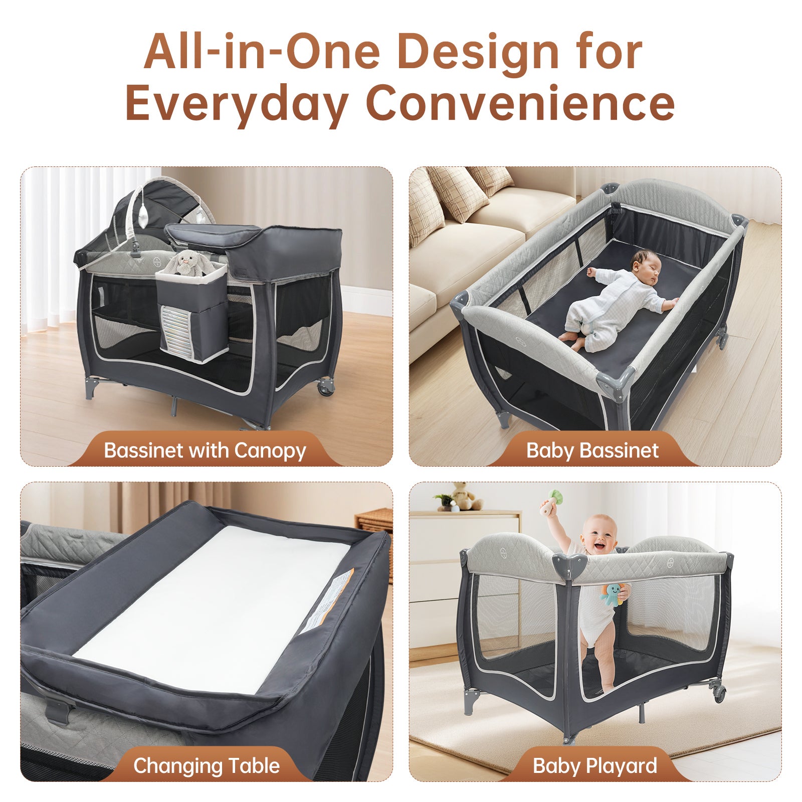 how to open a baby trend pack and play Vipsafe 5-in-1 Unisex Portable Baby Playard with Wheels Canopy Changin