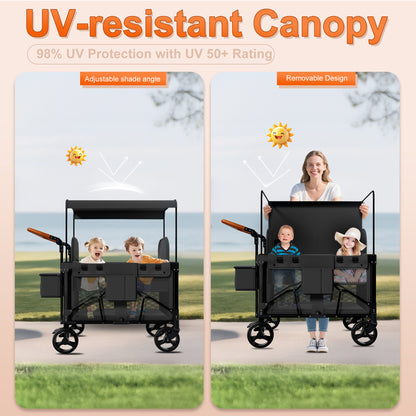 Vipsafe Foldable Wagon Stroller for 2 Kids, Multifunctional Wagon with Detachable Canopy, Adjustable Handlebars, Removable Seats, and Easy Storage