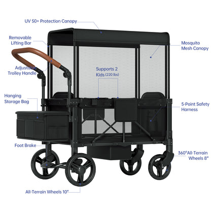 Vipsafe Foldable Wagon Stroller for 2 Kids, Multifunctional Baby Stroller with Detachable Canopy, Adjustable Handlebars, Easy Storage for Toddlers