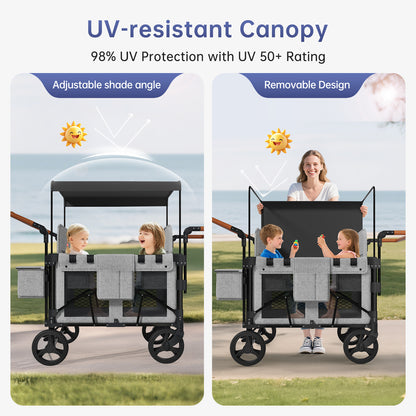 Vipsafe Foldable Wagon Stroller for 4 Kids, Multifunctional Wagon with Detachable Canopy, Adjustable Handlebars, Removable Seats, Gray