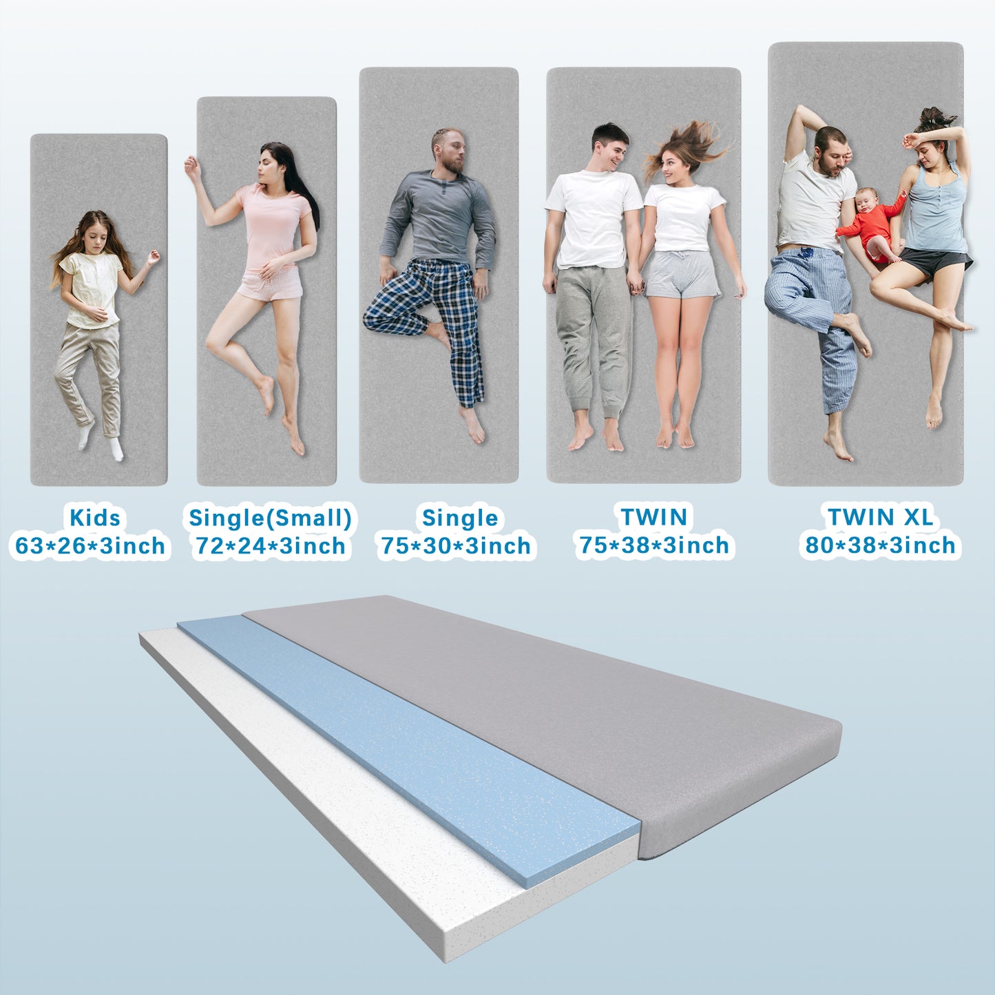 Vipsafe CertiPUR-US Memory Foam Camping Mattress, Portable Sleeping Pad with Waterproof Cover & Bag,75*30*3",Gray