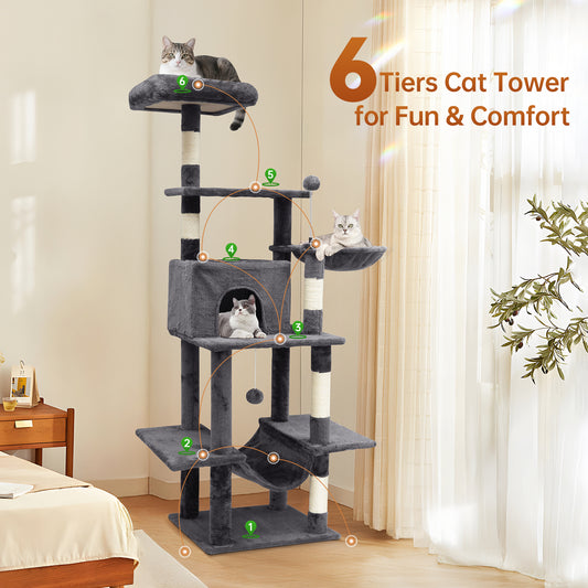 Vipsafe 63.8-Inch Cat Tree with 6 Tiers, Sisal Scratching Posts, Toys, and Cozy Bed for Indoor Cats