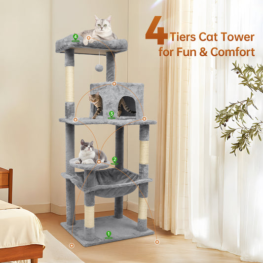 Vipsafe 56-Inch Cat Tree with 4 Tiers, Sisal Scratching Posts, Toys, and Cozy Bed for Indoor Cats