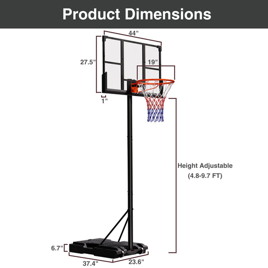 VIPSAFE 44-Inch Basketball Hoop System, 4.8-9.7 FT Height Adjustable for Kids Youth and Adults for Backyard, Driveway, Indoor Use