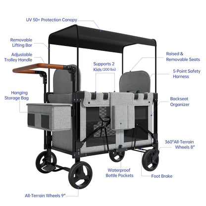 Vipsafe Foldable Wagon Stroller for 2 Kids, Multifunctional Wagon with Detachable Canopy, Adjustable Handlebars, Removable Seats, Gray