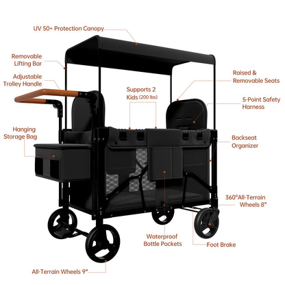 Vipsafe Foldable Wagon Stroller for 2 Kids, Multifunctional Wagon with Detachable Canopy, Adjustable Handlebars, Removable Seats, and Easy Storage