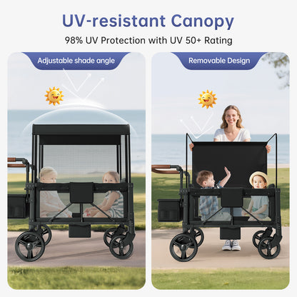 Vipsafe Foldable Wagon Stroller for 2 Kids, Multifunctional Baby Stroller with Detachable Canopy, Adjustable Handlebars, Easy Storage for Toddlers