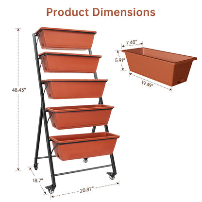 Vipsafe 4FT 5-Tier Vertical Garden Bed with Wheels, Ideal for Indoor/Outdoor Use, Brown, 19.7" x 21.3" x 46.9"