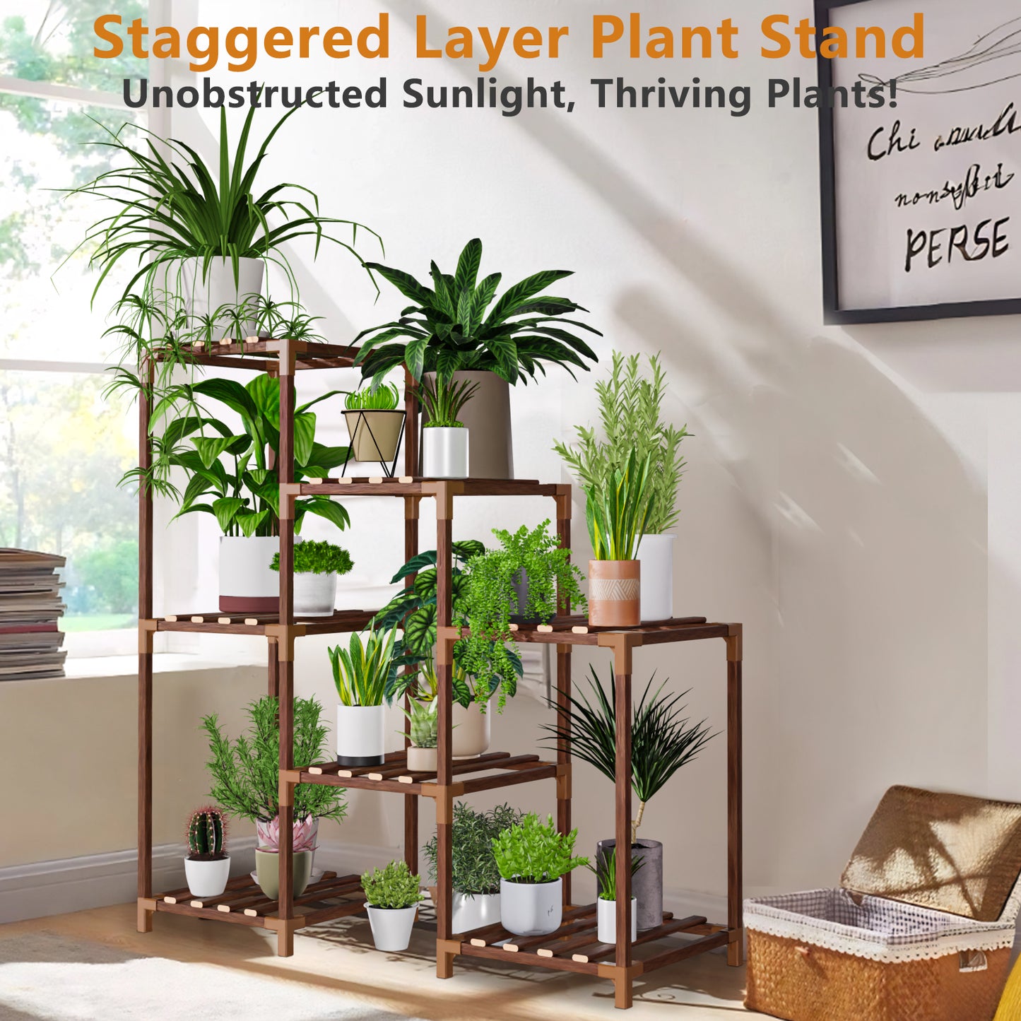 Vipsafe 3-Tier Wood Plant Stand for 7 Pots, Indoor Outdoor Flower Shelf for Balcony or Garden Decor