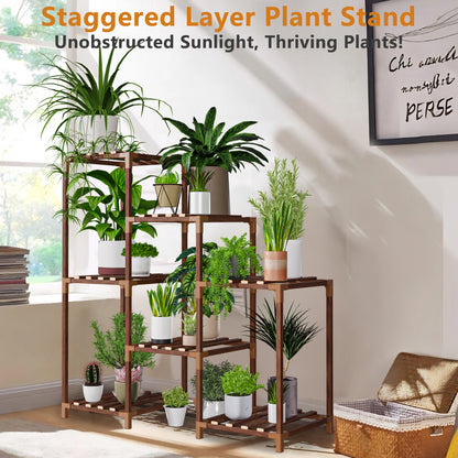Vipsafe 3-Tier Wood Plant Stand for 7 Pots, Indoor Outdoor Flower Shelf for Balcony or Garden Decor
