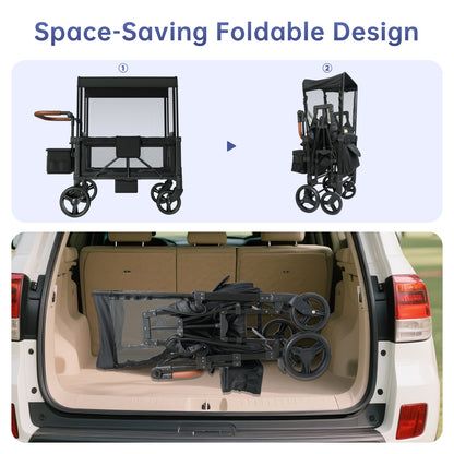 Vipsafe Foldable Wagon Stroller for 2 Kids, Multifunctional Baby Stroller with Detachable Canopy, Adjustable Handlebars, Easy Storage for Toddlers