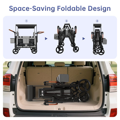 Vipsafe Foldable Wagon Stroller for 4 Kids, Multifunctional Wagon with Detachable Canopy, Adjustable Handlebars, Removable Seats, Gray