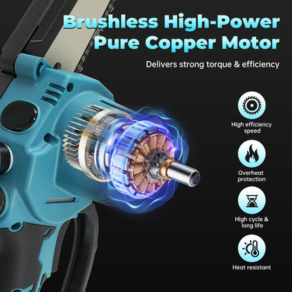 Vipsafe 6" & 8" Portable Cordless Chainsaw with Brushless Motor, 2×21V Batteries, for Garden, Wood Cutting & DIY, Blue