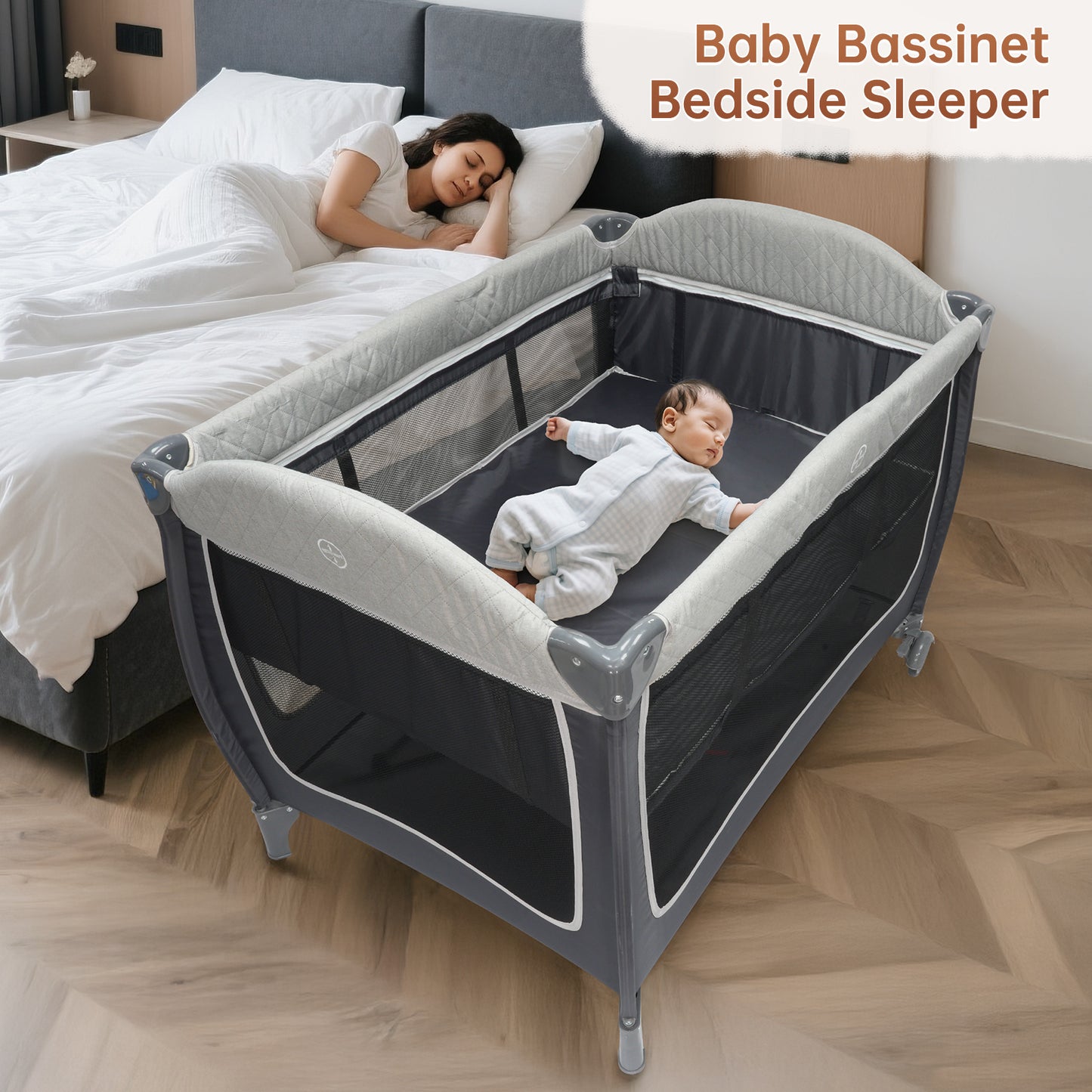 Vipsafe 5-in-1 Unisex Portable Baby Playard with Wheels Canopy Changing Table & Storage Bag, Grey
