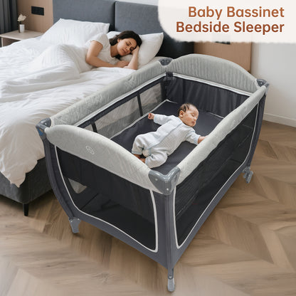 Vipsafe 5-in-1 Unisex Portable Baby Playard with Wheels Canopy Changing Table & Storage Bag, Grey