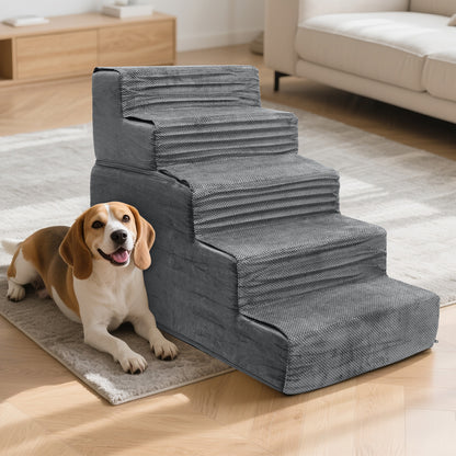 Vipsafe 5-Step Dog Ramp Ladder, Pet Stairs with Non-Slip Bottom and Washable Cover for Small Dogs and Cats,Gray