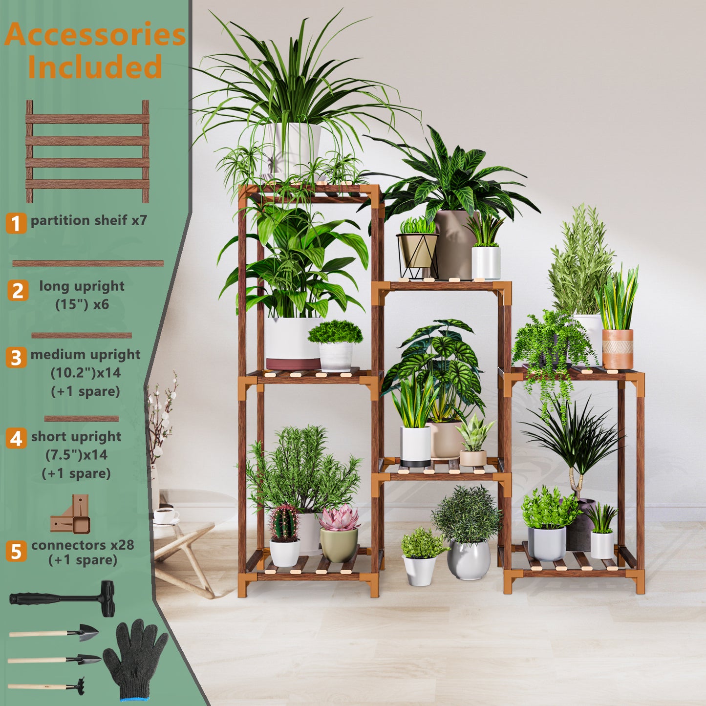 Vipsafe 3-Tier Wood Plant Stand for 7 Pots, Indoor Outdoor Flower Shelf for Balcony or Garden Decor