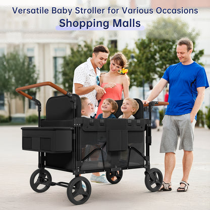 Vipsafe Foldable Wagon Stroller for 4 Kids, Multifunctional Wagon with Detachable Canopy, Adjustable Handlebars, Removable Seats, and Easy Storage