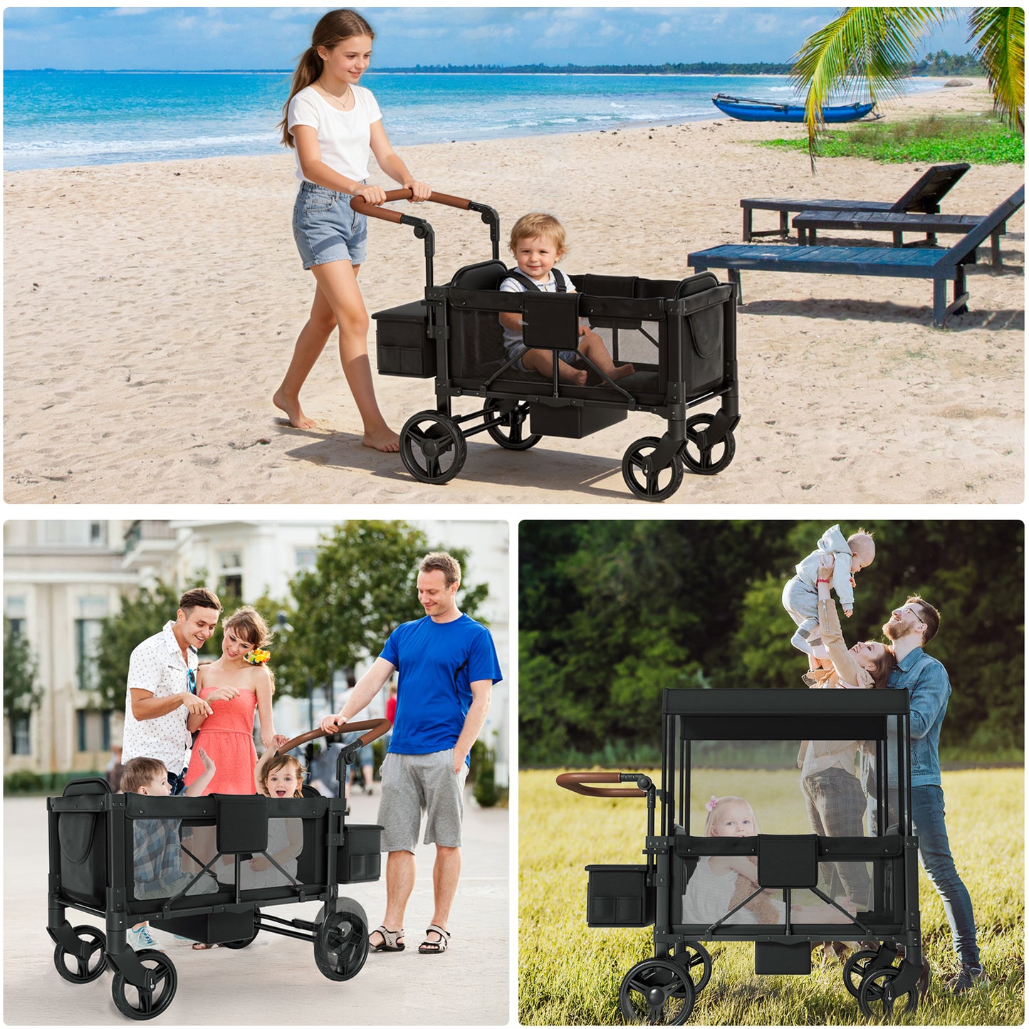 Vipsafe Foldable Wagon Stroller for 2 Kids, Multifunctional Baby Stroller with Detachable Canopy, Adjustable Handlebars, Easy Storage for Toddlers