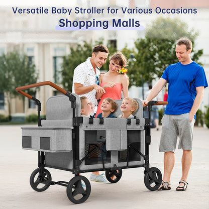 Vipsafe Foldable Wagon Stroller for 4 Kids, Multifunctional Wagon with Detachable Canopy, Adjustable Handlebars, Removable Seats, Gray