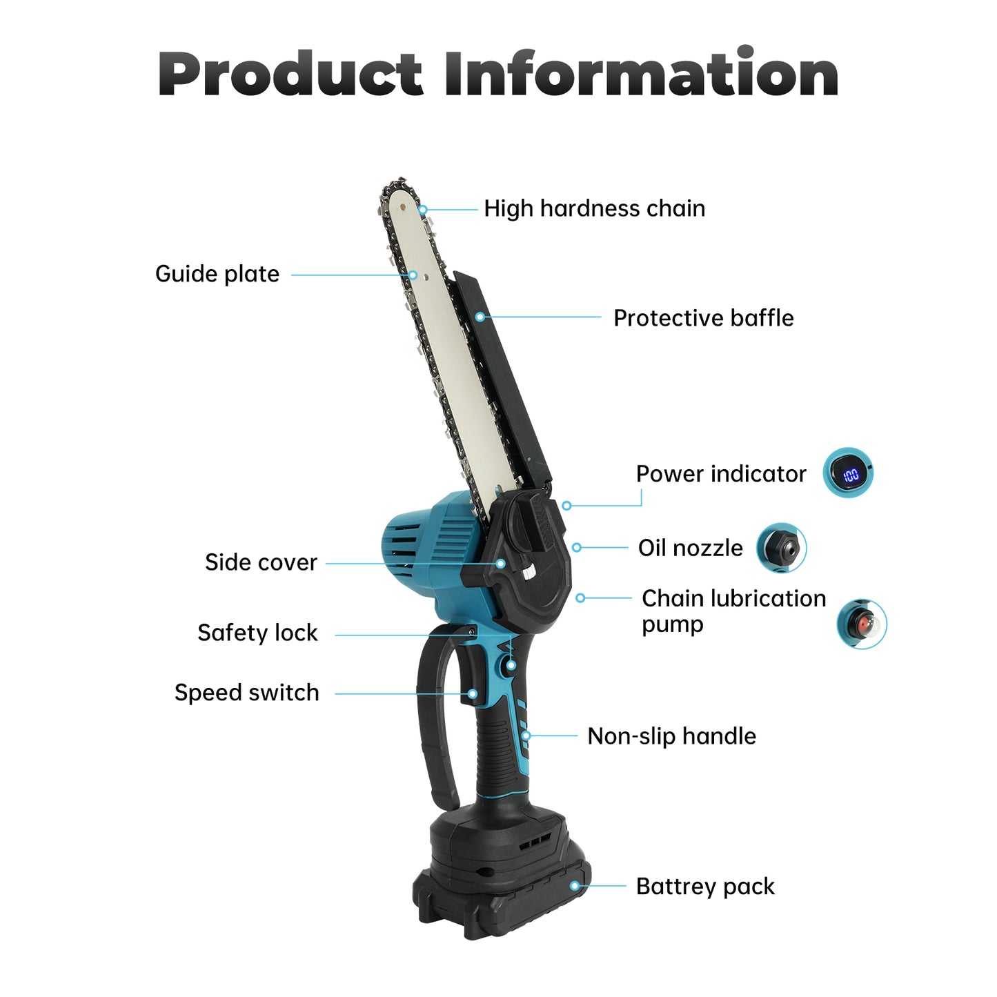 Vipsafe 6" & 8" Portable Cordless Chainsaw with Brushless Motor, 2×21V Batteries, for Garden, Wood Cutting & DIY, Blue