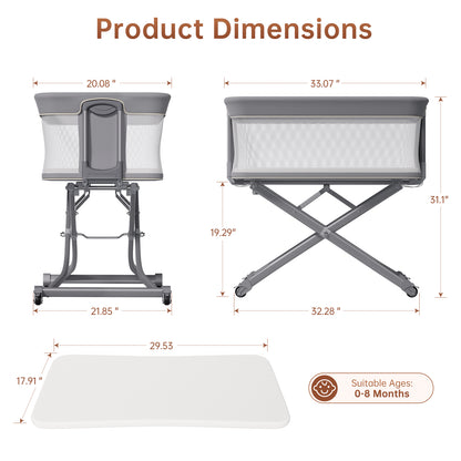 Vipsafe Baby Bassinet Sleeper, Adjustable Bedside Sleeper, Breathable Mesh with Wheels，Perfect Baby Shower Gift，Gray