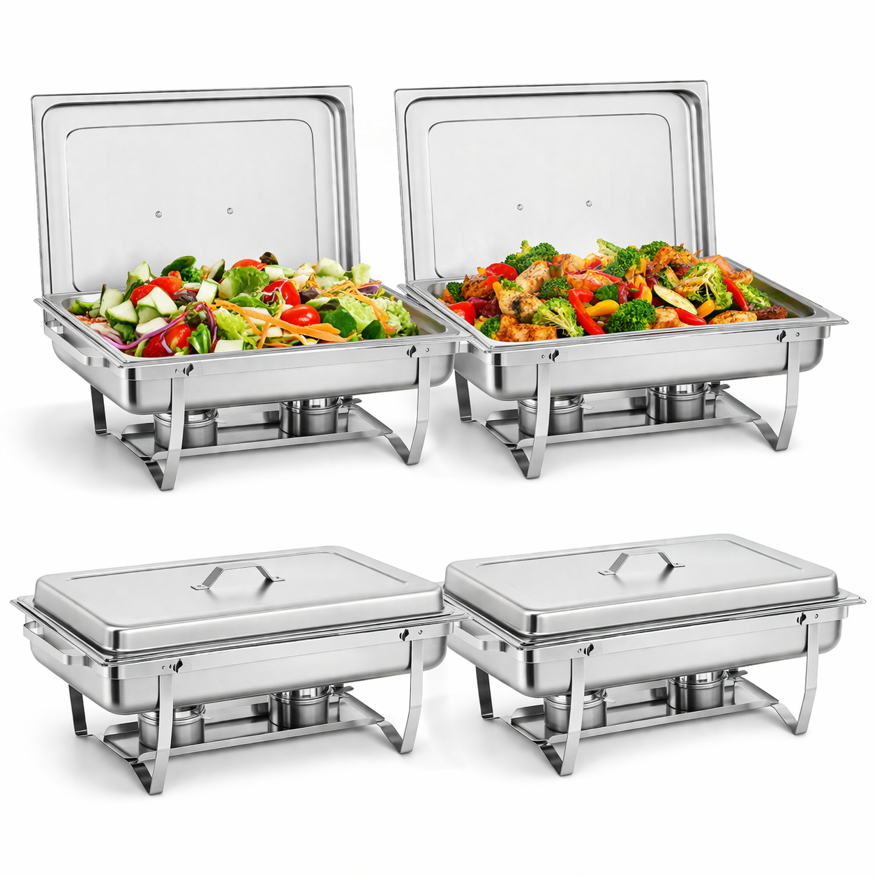 4 Pack Chafing Dish Buffet Set Vipsafe 8QT Stainless Steel Chafing Dishes with Lids, Pans & Fuel Holders, Food Warmer for Kitchen, Catering & Parties