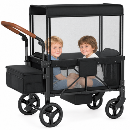 Vipsafe Foldable Wagon Stroller for 2 Kids, Multifunctional Baby Stroller with Detachable Canopy, Adjustable Handlebars, Easy Storage for Toddlers
