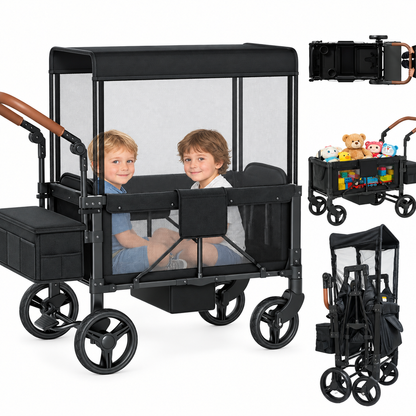 Vipsafe Foldable Wagon Stroller for 2 Kids, Multifunctional Baby Stroller with Detachable Canopy, Adjustable Handlebars, Easy Storage for Toddlers